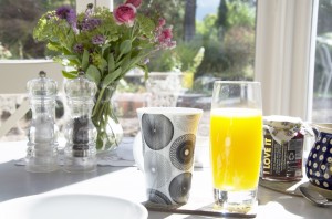 Drinks ready for a sunny breakfast in the garden dining room at Upper Newton Farmhouse