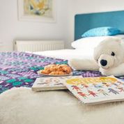 Soft toys and books on cosy bed